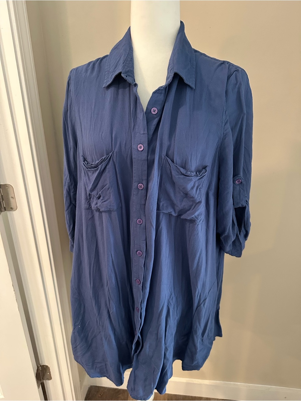 Woman Within Indigo Blue Button-Front Utility Shirt